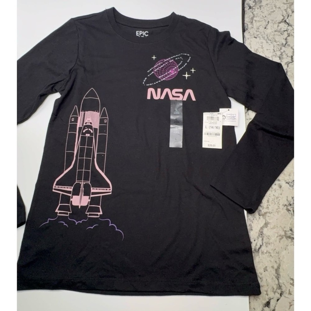 NEW kids size large 14/16 Epic Threads long sleeve NASA Tshirt. Deep black color